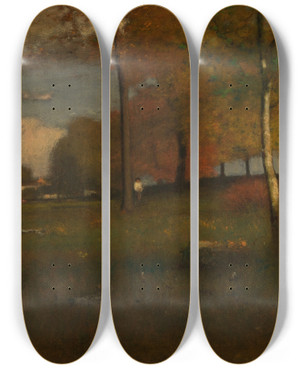 Triptych art skateboard deck of George Inness Near The Village October by George Inness (1825-1894)