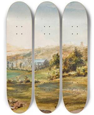 Triptych art skateboard deck of Peter Adolf Hall Landscape by Peter Adolf Hall (1739-1793)
