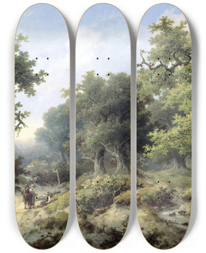 Triptych art skateboard deck of Jacob Cremer Boslandschap Met Reizigers by Jacob Cremer (1827-1880)