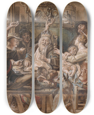 Triptych art skateboard deck of Jacob Jordaens The King Drinks by Jacob Jordaens (1593-1678)