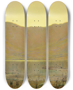 Triptych art skateboard deck of John Atkinson Grimshaw Sundip The Home Of The Heron by John Atkinson Grimshaw (1836-1893)