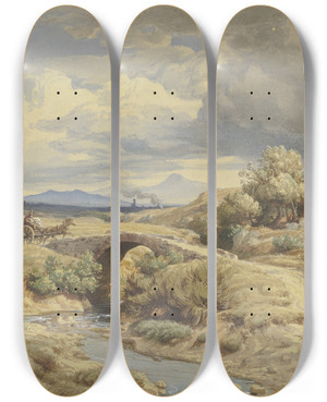 Triptych art skateboard deck of Eduard Wilhelm Pose Italienische Campagna Mit Aqudukten Links by Eduard Wilhelm Pose (1812-1878)