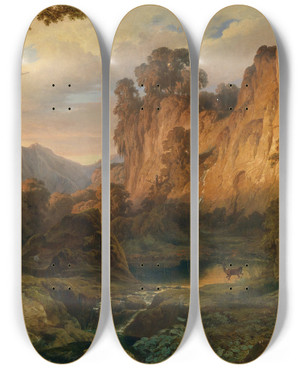 Triptych art skateboard deck of Edmund Von Wrndle Romantische Landschaft Im Abendlicht by Edmund Von Worndle (1827-1906)