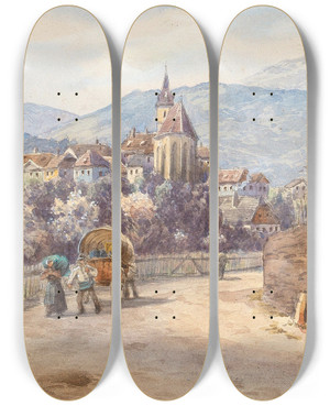 Triptych art skateboard deck of Karl Wenzel Zajicek Spring In Spitz In The Wachau Valley by Karl Wenzel Zajicek (1860-1923)
