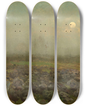 Triptych art skateboard deck of Florent Crabeels Cabbage Field By Moonlight by Florent Crabeels (1829-1896)