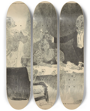 Triptych art skateboard deck of Charles Dana Gibson A Bachelors Supper by Charles Dana Gibson (1867-1944)