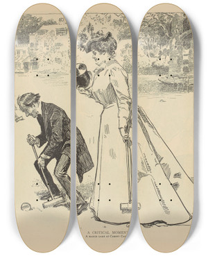 Triptych art skateboard deck of Charles Dana Gibson A Critical Moment by Charles Dana Gibson (1867-1944)