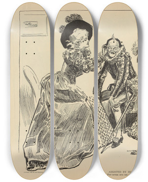 Triptych art skateboard deck of Charles Dana Gibson Assisted By His Daughters by Charles Dana Gibson (1867-1944)