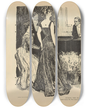 Triptych art skateboard deck of Charles Dana Gibson During The Evening by Charles Dana Gibson (1867-1944)