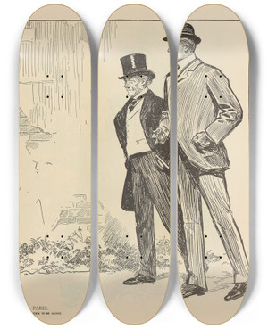 Triptych art skateboard deck of Charles Dana Gibson In Village Near Paris by Charles Dana Gibson (1867-1944)