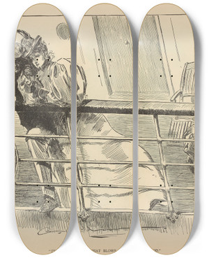 Triptych art skateboard deck of Charles Dana Gibson Its An Ill Wind That Blows Nobody Any Good by Charles Dana Gibson (1867-1944)