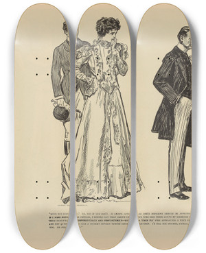 Triptych art skateboard deck of Charles Dana Gibson Mind His Kissing You No Not If You Dont by Charles Dana Gibson (1867-1944)