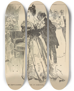 Triptych art skateboard deck of Charles Dana Gibson Some American Girls Go Abroad And Return Emptyhanded Others Pick Up Something by Charles Dana Gibson (1867-1944)
