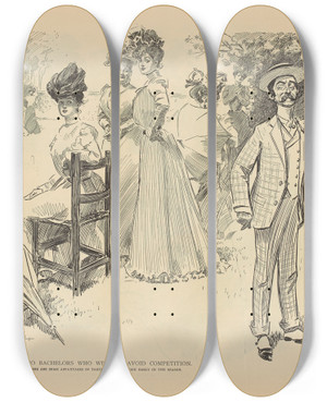 Triptych art skateboard deck of Charles Dana Gibson To Bachelors Who Wish To Avoid Competition_2 by Charles Dana Gibson (1867-1944)
