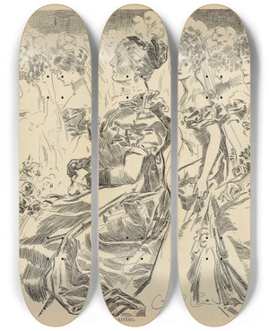 Triptych art skateboard deck of Charles Dana Gibson Waiting_2 by Charles Dana Gibson (1867-1944)