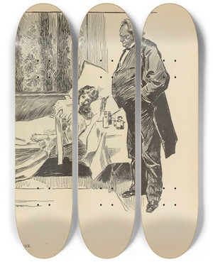 Triptych art skateboard deck of Charles Dana Gibson When Doctors Disagree by Charles Dana Gibson (1867-1944)