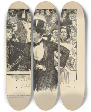Triptych art skateboard deck of Charles Dana Gibson Wild Enthusiasm At The Horse Show by Charles Dana Gibson (1867-1944)