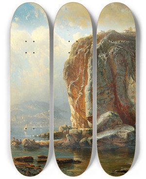 Triptych art skateboard deck of Pieter Franciscus Peters On The Coast Of Menton by Pieter Franciscus Peters (1818-1903)