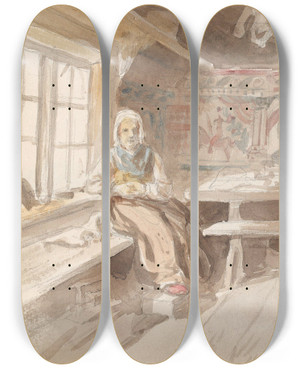 Triptych art skateboard deck of Adolph Tidemand Interir Med Sittende Kvinne Dalarna by Adolph Tidemand (1814-1876)
