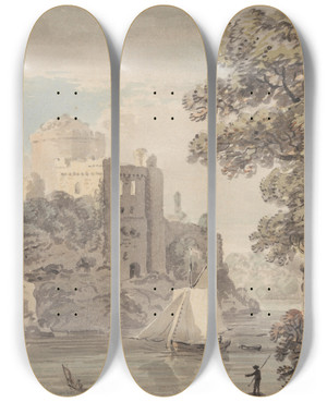 Triptych art skateboard deck of Paul Sandby A Castle On A River by Paul Sandby (1731-1809)