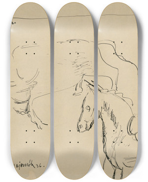 Triptych art skateboard deck of Cyprin Majernk Horse And Bull by Cyprian Majernik (1909-1945)