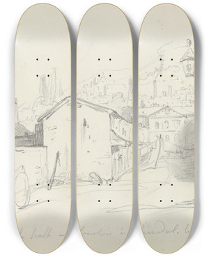 Triptych art skateboard deck of Nicaise De Keyser The Butchers Hall In Kendal by Nicaise De Keyser (1813-1887)