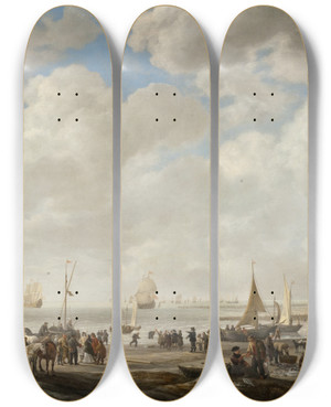Triptych art skateboard deck of Simon De Vlieger View Of A Beach by Simon de Vlieger (1601-1653)