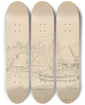 Triptych art skateboard deck of Hans Gude Fra Christianiafjorden by Hans Gude (1825-1903)