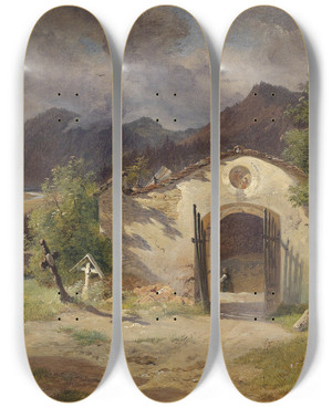 Triptych art skateboard deck of Franz Xaver Reinhold Friedhof Im Salzkammergut by Franz Xaver Reinhold (1816-1893)