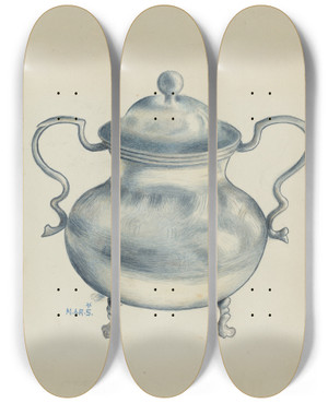Triptych art skateboard deck of Margaret Stottlemeyer Silver Sugar Bowl And Tongs by Margaret Stottlemeyer