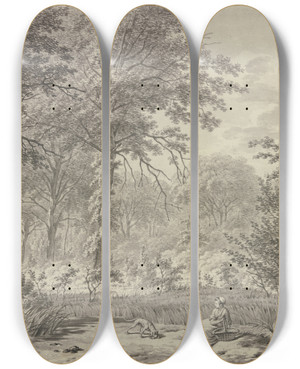 Triptych art skateboard deck of Leendert Overbeek An Einer Waldlichrung Ein Mdchen Mit Einem Korb Bei Einem Hund Sitzend by Leendert Overbeek (1752-1815)