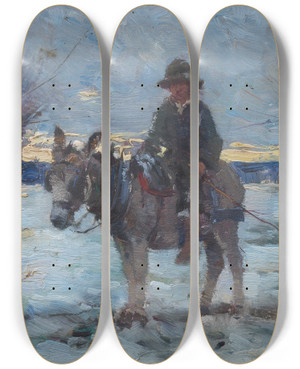 Triptych art skateboard deck of Walter Frederick Osborne Boy On A Donkey In A Snowy Landscape by Walter Frederick Osborne (1859-1903)