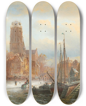 Triptych art skateboard deck of Elias Pieter Van Bommel Motif Of Dordrecht by Elias Pieter Van Bommel (1819-1890)