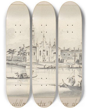 Triptych art skateboard deck of Giacomo Guardi The Island Of The Beata Vergine Delle Grazie by Giacomo Guardi (1764-1835)