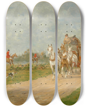 Triptych art skateboard deck of George Wright A Coach And Four Passing The Hunt by George Wright (1860-1944)