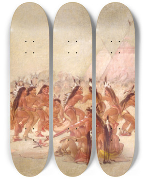 Triptych art skateboard deck of George Catlin Pipe Dance Assiniboine by George Catlin (1796-1872)