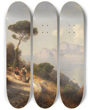 Triptych art skateboard deck of Ascan Lutteroth Italienische Kstenlandschaft Im Hintergrund Die Berge Von Capri by Ascan Lutteroth (1842-1923)