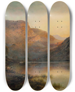 Triptych art skateboard deck of Alfred De Branski The Evening Glow Vale Of Eagle Loch Lomond by Alfred De Breanski (1852-1928)
