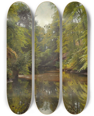 Triptych art skateboard deck of Peder Mrk Mnsted Wooded River Landscape by Peder Mork Monsted (1859-1941)