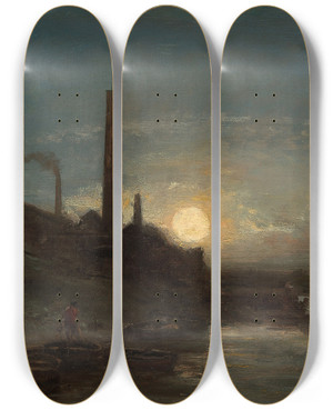 Triptych art skateboard deck of Johan Barthold Jongkind Effet De Lune by Johan Barthold Jongkind (1819-1891)