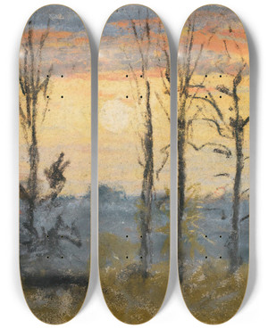 Triptych art skateboard deck of Camille Pissarro Coucher De Soleil by Camille Pissarro (1830-1903)