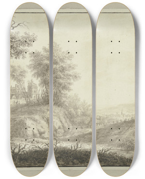 Triptych art skateboard deck of Johann Caspar Zehender Waldweg Links Durchblick Auf Eine Schloruine Rechts In Der Ferne Ein Stdtchen by Johann Caspar Zehender (1742-1805)