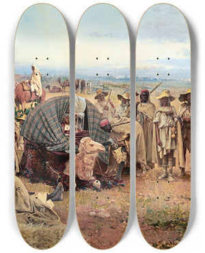 Triptych art skateboard deck of Gustavo Simoni The Halt Of The Caravan by Gustavo Simoni (1845-1926)