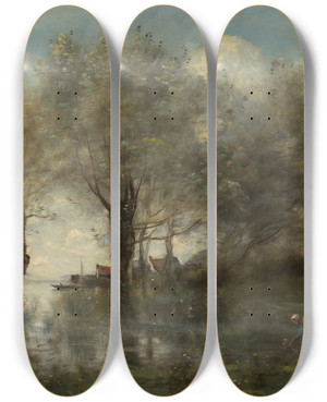 Triptych art skateboard deck of Jeanbaptistecamille Corot A Pond In Picardy by Jean-Baptiste-Camille Corot (1796-1875)