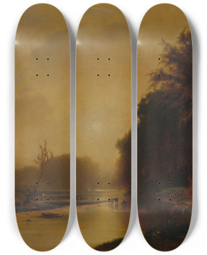 Triptych art skateboard deck of George Inness Autumn Meadows by George Inness (1825-1894)