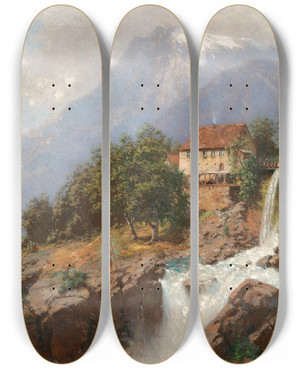 Triptych art skateboard deck of Robert Schultze A Mill By A Mountain Stream by Robert Schultze (1828-1910)