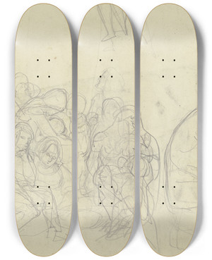Triptych art skateboard deck of Ferdinand Fellner Sitting Group Of Figures by Ferdinand Fellner (1799-1859)
