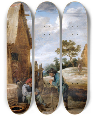 Triptych art skateboard deck of David Teniers The Younger A Peasant Eating Mussels by David Teniers The Younger (1610-1690)