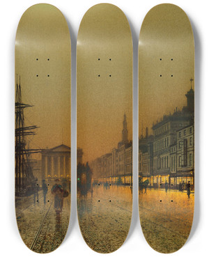 Triptych art skateboard deck of John Atkinson Grimshaw Greenock Harbour At Night by John Atkinson Grimshaw (1836-1893)