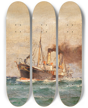 Triptych art skateboard deck of Leonhard Sandrock Dampffischkutter Auf Hoher See by Leonhard Sandrock (1867-1945)